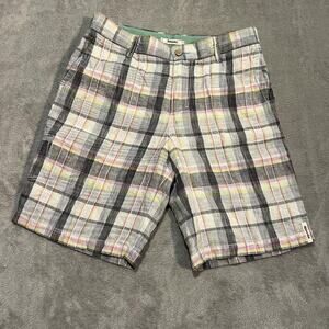 Tommy Bahama Relax Shorts Mens 33 Gray Pink Yellow Plaid 100% Linen Summer